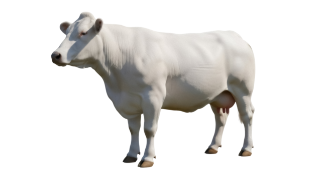 White Charolais cow PNG isolated on transparent background, beef cattle breed from France for meat production and agricultural use