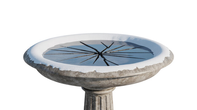 An ornate stone birdbath adorned with snow, featuring a beautifully cracked and frozen water surface, set against a transparent background. background removed