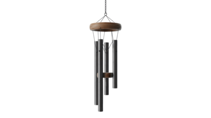 A classic dark metal wind chime with natural wood accents, hanging from a chain, creating soothing sounds and elegant outdoor decor. background removed