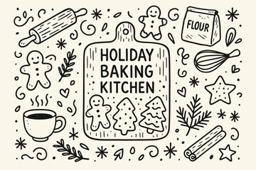 Festive Baking Scene. Holiday baking kitchen. Hand-drawn doodle illustration of Holiday baking kitchen.