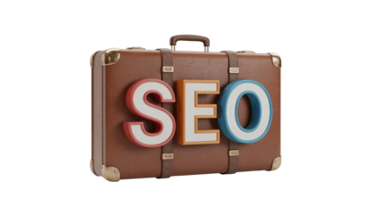 A vintage brown suitcase features prominent, colorful 3D letters spelling "SEO," symbolizing digital marketing, search engine optimization, and business travel. background removed