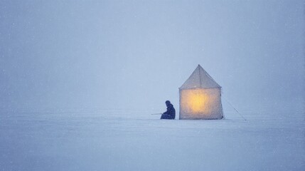 Ice Fishing Scene With Illuminated Tent On Snowy Landscape. Solitude And Winter Adventure