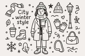Obraz premium City Winter Doodle. City winter style. Hand-drawn doodle illustration of City winter style. Central doodle