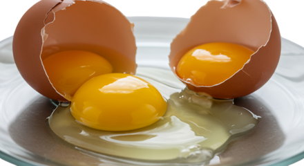 Cracked egg on a plate isolated on transparent background, showing the yolk inside