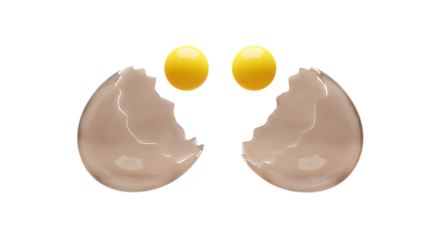 Cracked eggshell with two yolks isolated on transparent background, a unique concept