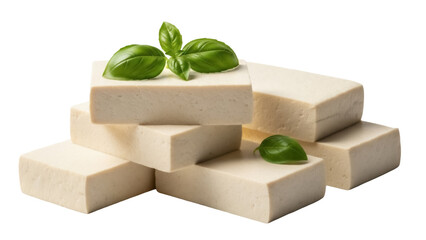 Stack of tofu cubes with basil leaves isolated PNG, healthy vegan protein source on transparent background for food photography