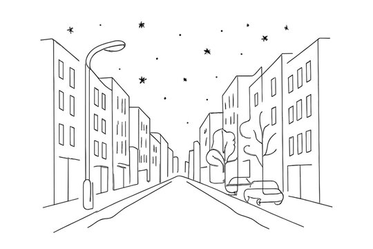 Minimalist City Snowfall. Blustery city avenue. Minimalistic one-line drawing street perspective with faint