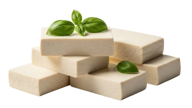 Stack of tofu cubes with basil leaves isolated PNG, healthy vegan protein source on transparent background for food photography
