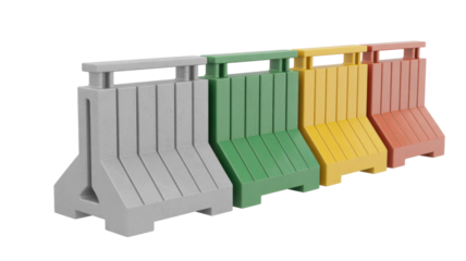A row of four colorful plastic road barriers: grey, green, yellow, and red, commonly used for traffic control and construction zones. background removed