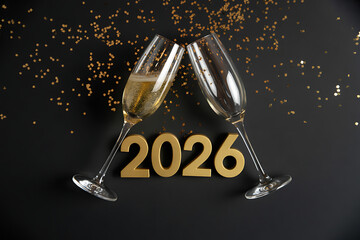 Two glasses toasting new year 2026 on dark confetti backdrop