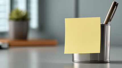 A yellow sticky note is stuck to the side of a pen