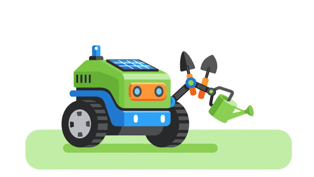 Autonomous gardening robot with smart tool handling, detailed agri-automation imagery for robotics design, eco-tech projects, and smart farming motion graphics