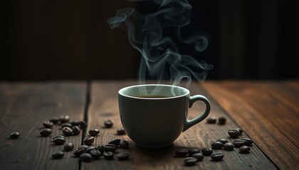 A hot cup of dark espresso coffee with steam and brown beans on a wood table, perfect for a morning cafe breakfast beverage