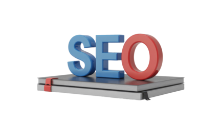 3D SEO letters (blue and red) standing on a stack of black notebooks with bookmarks, symbolizing digital marketing and optimization strategies. background removed
