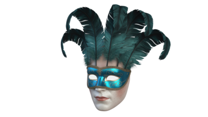 A festive Venetian masquerade mask adorned with vibrant teal feathers and intricate gold filigree, designed for elegant costume events and celebrations. background removed