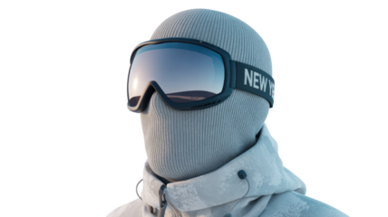 Close-up of a figure wearing a light grey balaclava and mirrored ski goggles, with a reflective winter jacket, on a transparent background. background removed