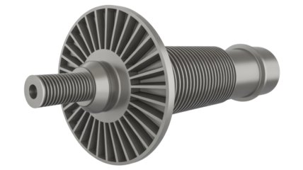 3D rendered metallic industrial component featuring a threaded end, a finned disc, and a corrugated body, possibly a specialized shaft or heat exchanger. background removed