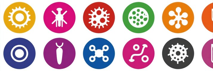 Naklejka premium Colorful Circular Icons Representing Various Scientific Concepts and Microorganisms Seen in Educational Materials for Biology