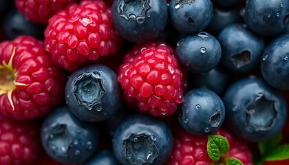 Fresh mixed blueberries and raspberries on a white background, isolated healthy ripe sweet berries, closeup