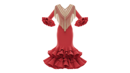 Stunning red flamenco-style dress with ruffled sleeves, tiered skirt, and intricate fringed shawl, exuding vibrant Spanish dance elegance. background removed