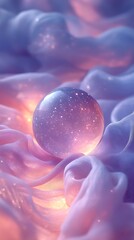 A luminous glass orb filled with sparkling dust rests amidst soft purple and pink fabric