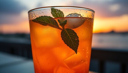 Fresh iced cocktail drink with mint, lemon, and water