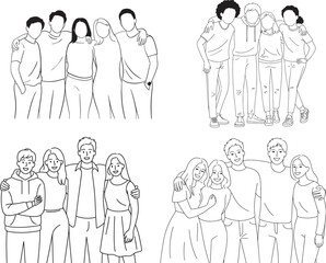 Set of friends group, line art drawing, vector style.