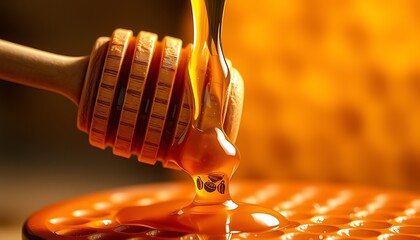 Dark liquid wine glass and honey dripping from a spoon on the dinner table