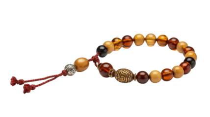 A stylish amber and mixed-bead bracelet featuring a unique gold-toned ornate bead and silver accents, finished with a red braided cord tassel. background removed