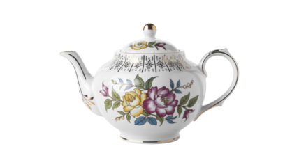 A beautiful white ceramic teapot featuring vibrant floral designs, intricate gold trim, and a classic silhouette, perfect for afternoon tea. background removed