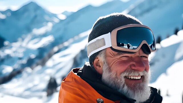 A man with a beard and wearing ski goggles on a snowy mountain slope.