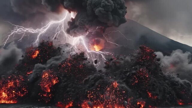 Volcano Erupts With Lava Flowing and Lightning Storm in the Sky