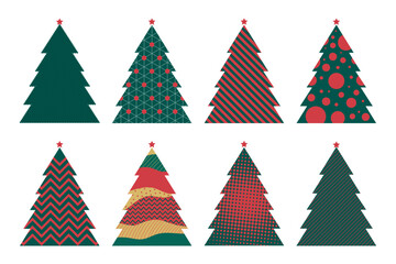 Set of Christmas trees with various geometric patterns. Vector illustration