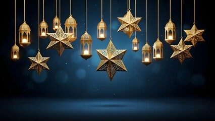 Golden star and lantern decorations hanging against a dark blue background