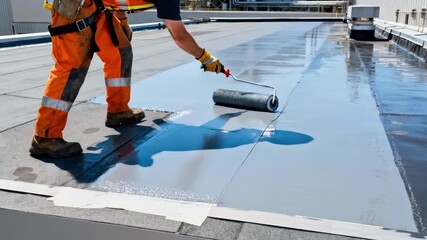 Technician spreading industrialgrade waterproofing layers on a flat roof with safety gear enhancing durability of manufacturing facilities.