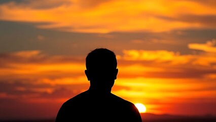 Solitary figure silhouetted against a vibrant sunset sky with distant birds, evoking hope and warmth.