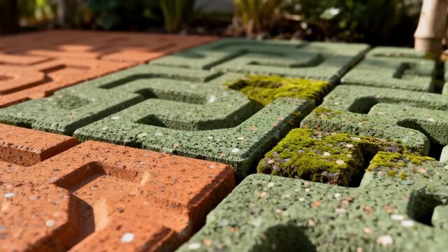 Medium shot capturing a close view of permeable pavers interlocking seamlessly emphasizing functional aesthetics in environmentally conscious pavement solutions.