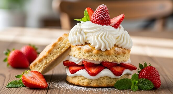 Delicious strawberry shortcake dessert topped with fresh berries and cream, a sweet treat.