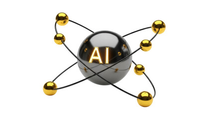 AI atom model PNG isolated on transparent background, artificial intelligence concept with golden spheres and black orbits