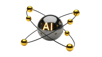 AI atom model PNG isolated on transparent background, artificial intelligence concept with golden spheres and black orbits