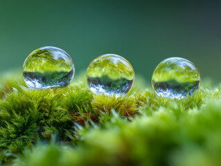 Three perfect water droplets resting on vibrant moss with reflected forest, symbolizing Earth Day commitment to clean water, biodiversity and protecting fragile habitats