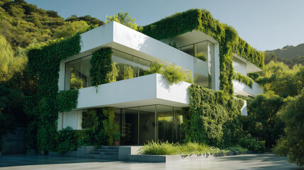 Modern white villa wrapped in lush green vines and trees under clear sky, celebrating Earth Day ideals of sustainable architecture and nature integrated living
