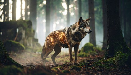 Mystical Wolf Standing in Forest with Glowing, and Wildlife Nature.