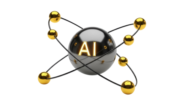 AI atom model PNG isolated on transparent background, artificial intelligence concept with golden spheres and black orbits