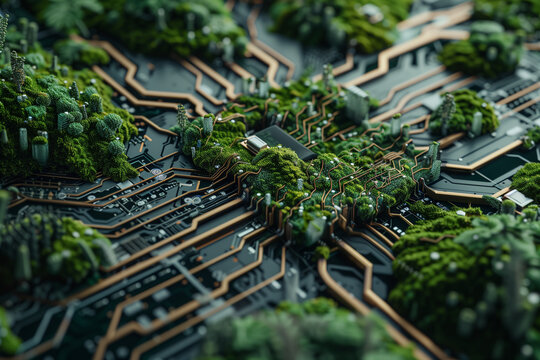 Lush green ecosystems growing along circuit board pathways, illustrating Earth Day vision of sustainable technology and regenerative digital networks