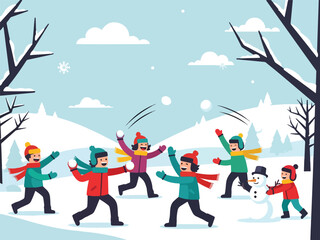 Children in winter scene having a snowball fight near a snowman