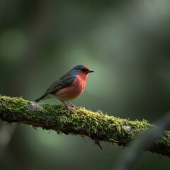 A beautiful songbird with vibrant plumage rests upon a mossy branch in the dense forest canopy, illuminated by soft natural sunlight ,vibrant ,ecosystem ,colorful