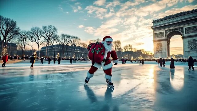 Winter holiday celebration concept. Christmas New Year. Santa Claus ice skating on a frozen pond with the Arc de Triomphe in the background. The scene is set during the golden hour.