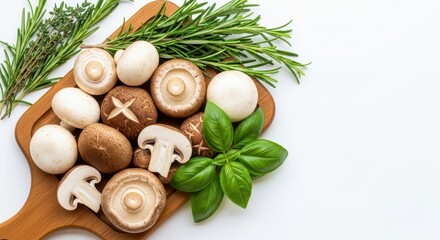 Culinary Composition: An overhead perspective of an assortment of fresh mushrooms and herbs, a visual invitation to culinary exploration.