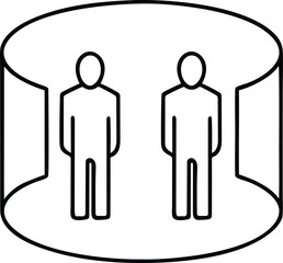 Two people in a panorama room explore a futuristic digital environment outline vector icon